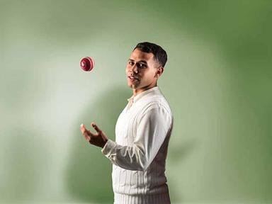 LOGAN ENTERTAINMENT CENTRE  man standing in front of green backdrop wearing cricket uniform, throwing a red cricket ball up in the air LEC presents An Ensemble Theatre Production | Written by Geoffrey Atherden. Directed by Wesley Enoch.
