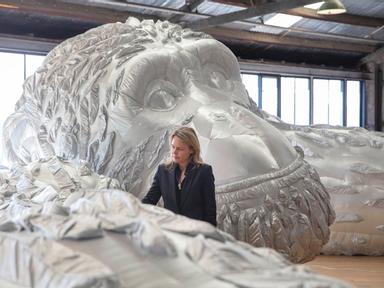 David Greybeard is a 9m x12m sculpture of a chimpanzee- made from lightweight- inflatable finely spun metallic material....