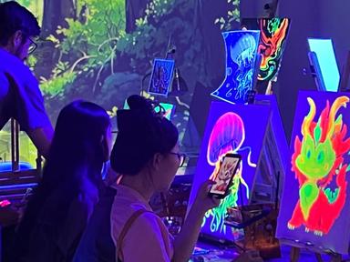 In a retro-futuristic, neon-lit atmosphere, brush in one hand, glass in the other, unleash your inner artist and create ...