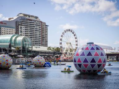 Explore beautiful Cockle Bay amongst gigantic floating Christmas baubles in these Christmas pedal power boats....