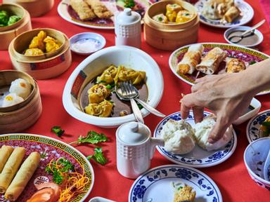 Waiters push trolleys piled high with dim sum from table to table—delicate dumplings, sticky chicken feet, slow-cooked beef tendon, turnip cakes and egg tarts