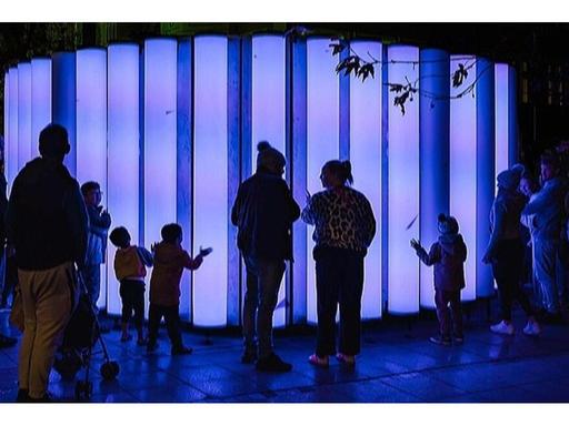 As the public approaches Voices, they observe a silent yet visually striking three metre tall oval structure. Fifty tran... As the public approaches Voices, they observe a silent yet visually striking three metre tall oval structure. Fifty tran...